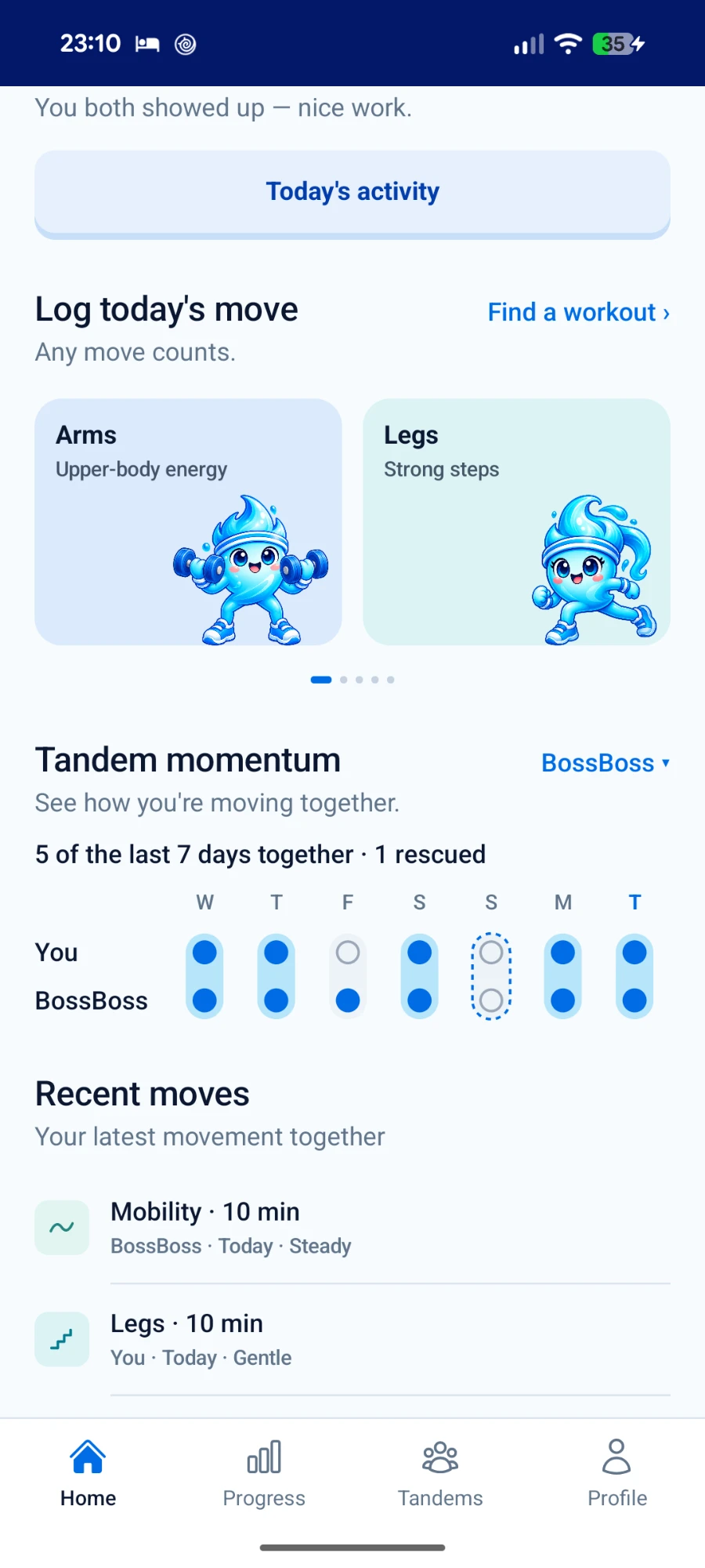 Fitandem home screen showing Arms and Legs move cards, a seven-day Tandem momentum grid and recent moves