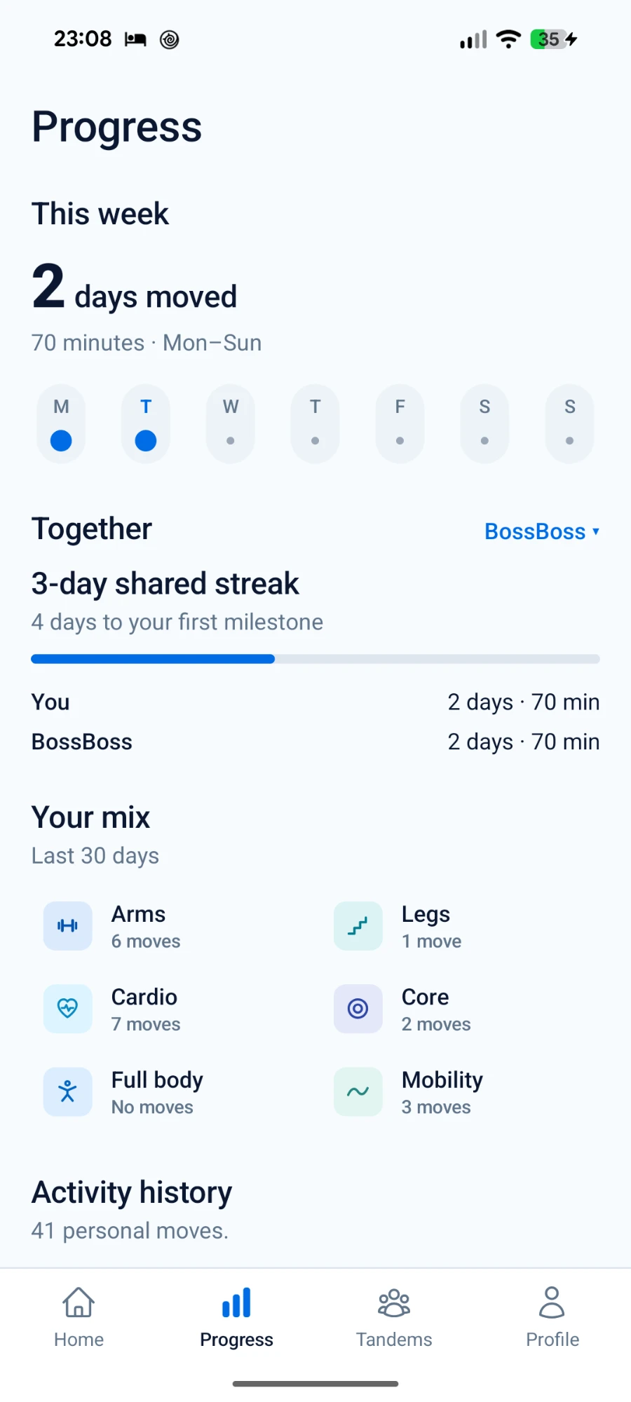 Fitandem Progress screen showing days moved this week, a shared streak with a Tandem and a 30-day movement mix